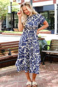 Upon Arrival Blue Leaf Print Tiered Midi Dress