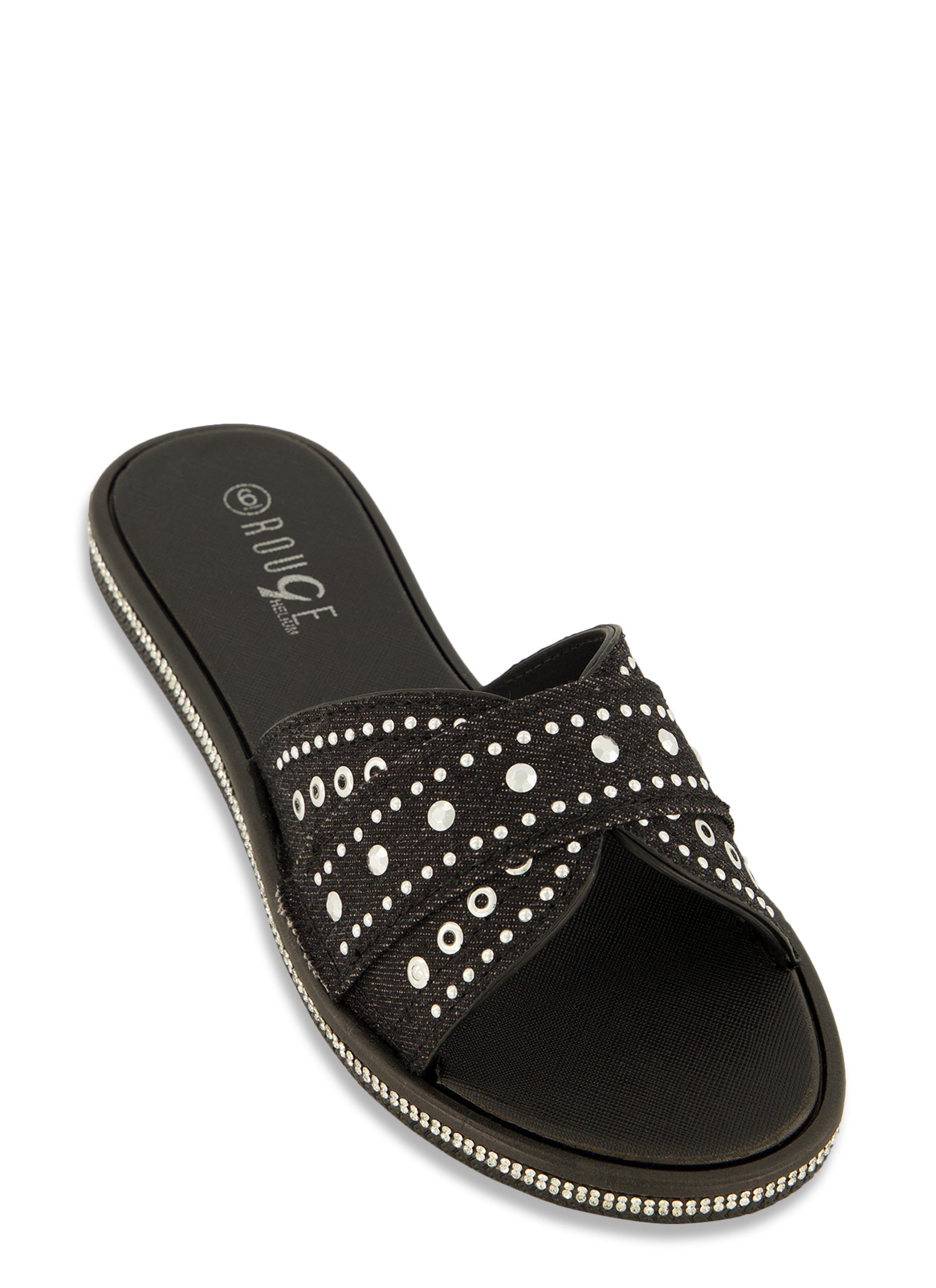 Studded Band Rhinestone Trim Slide Sandals