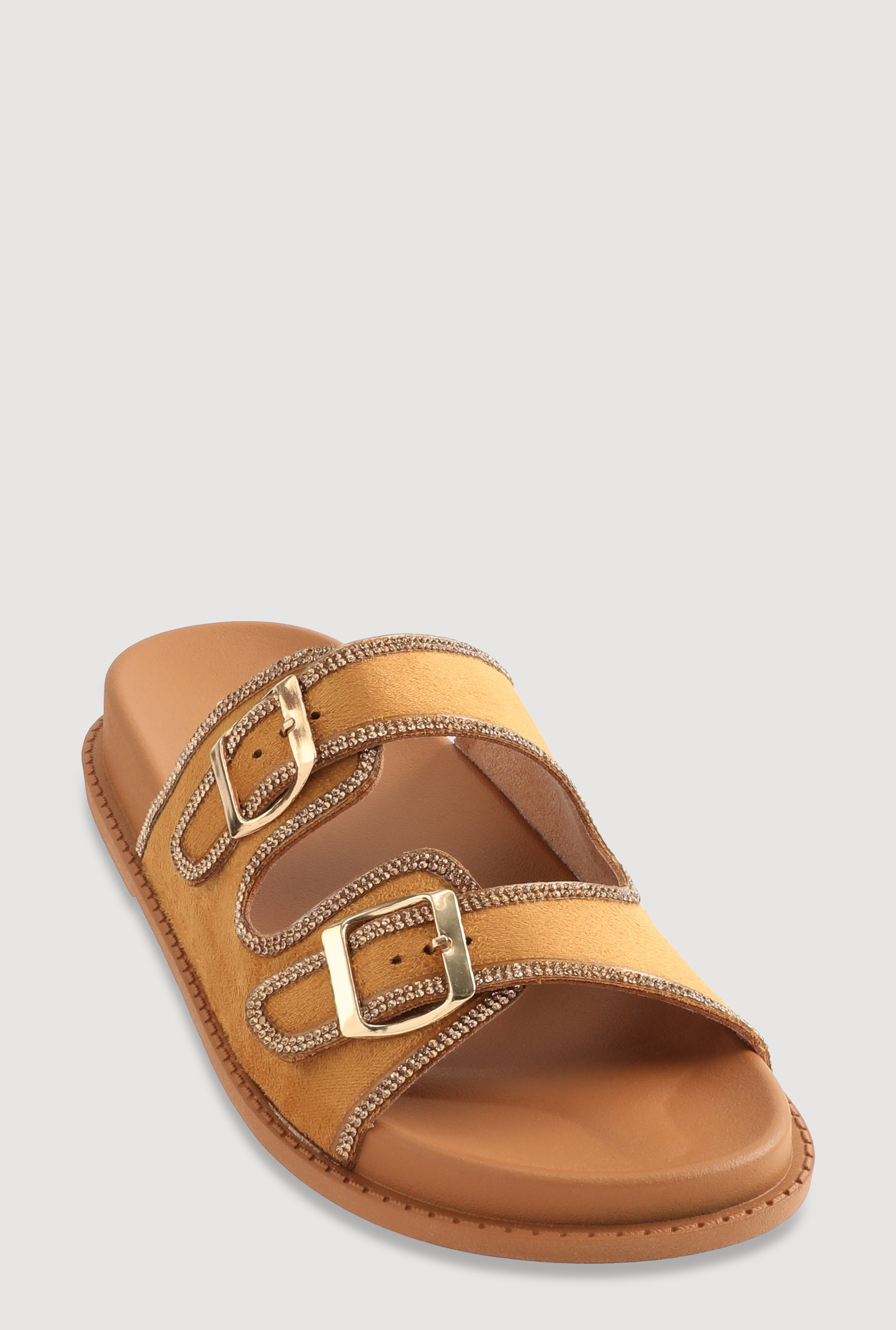 Double Buckle Band Studded Trim Slide Sandals