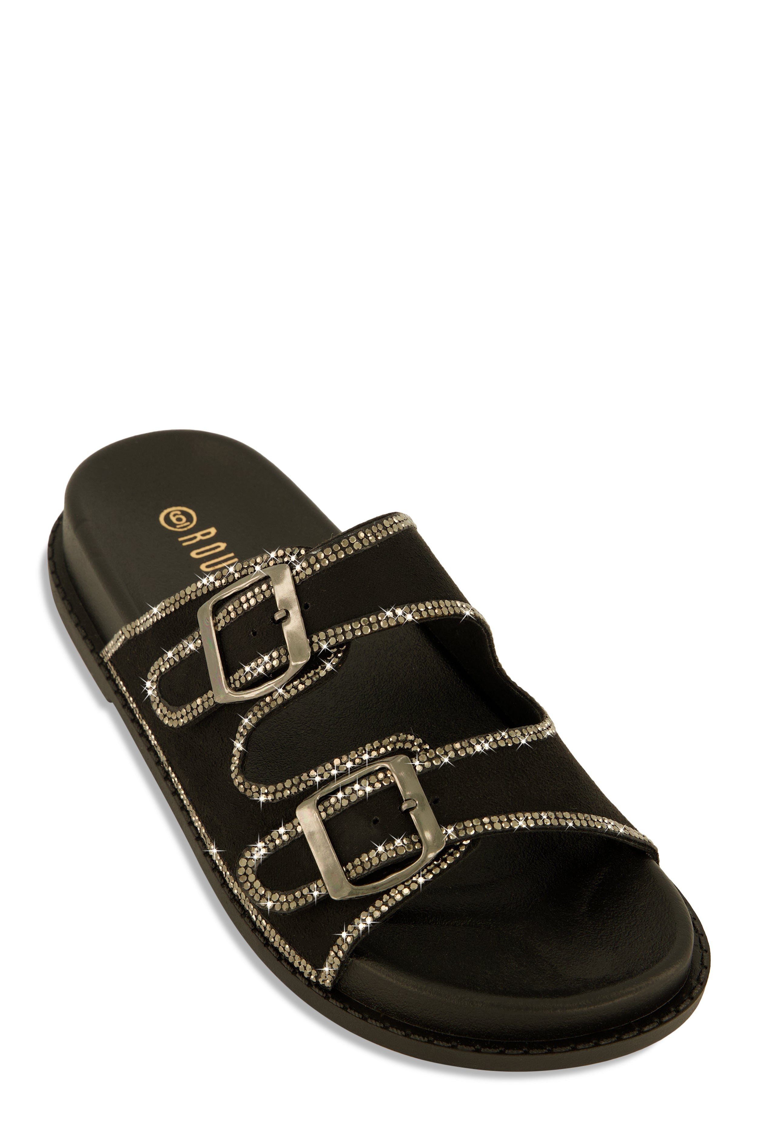 Double Buckle Band Studded Trim Slide Sandals