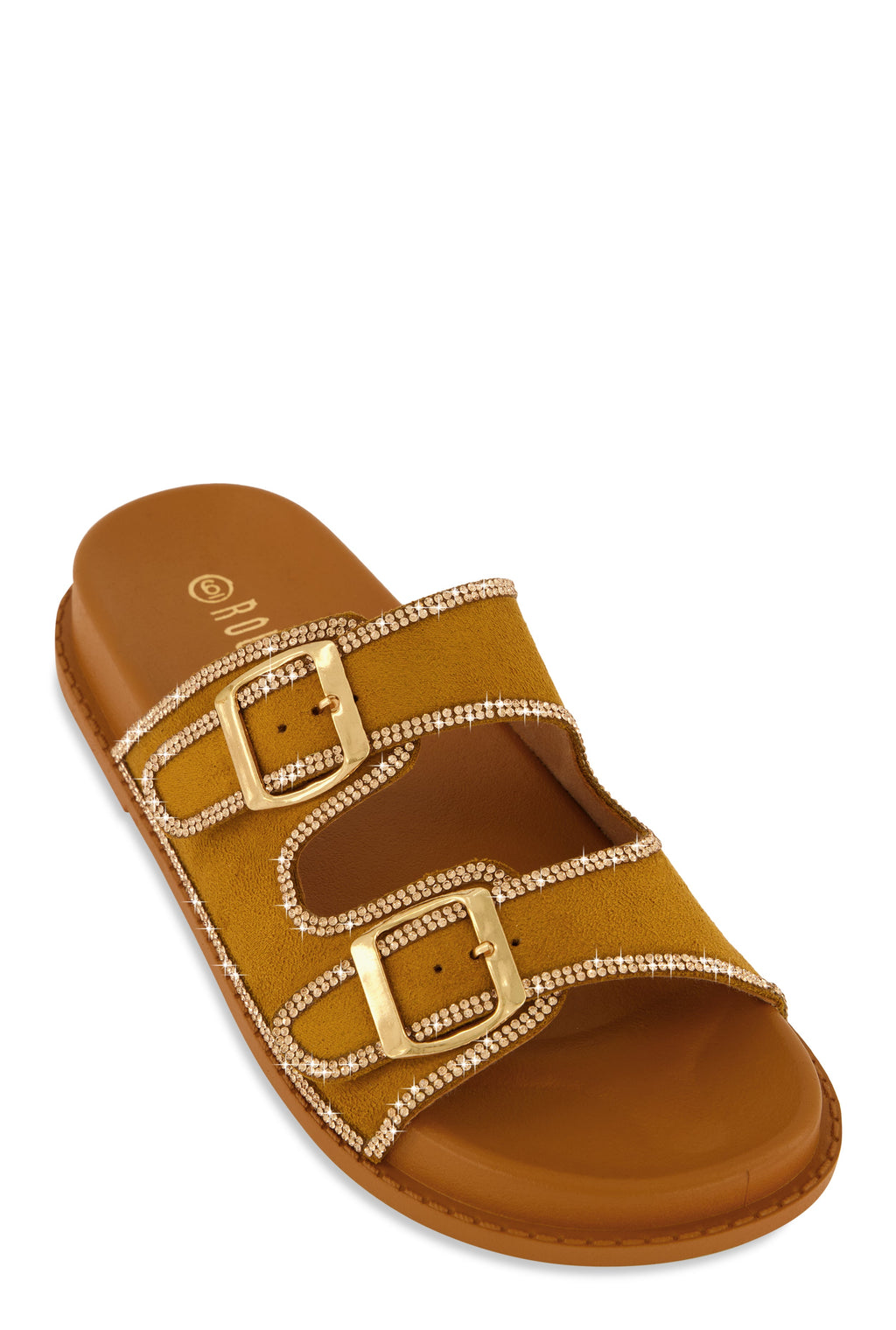 Double Buckle Band Studded Trim Slide Sandals