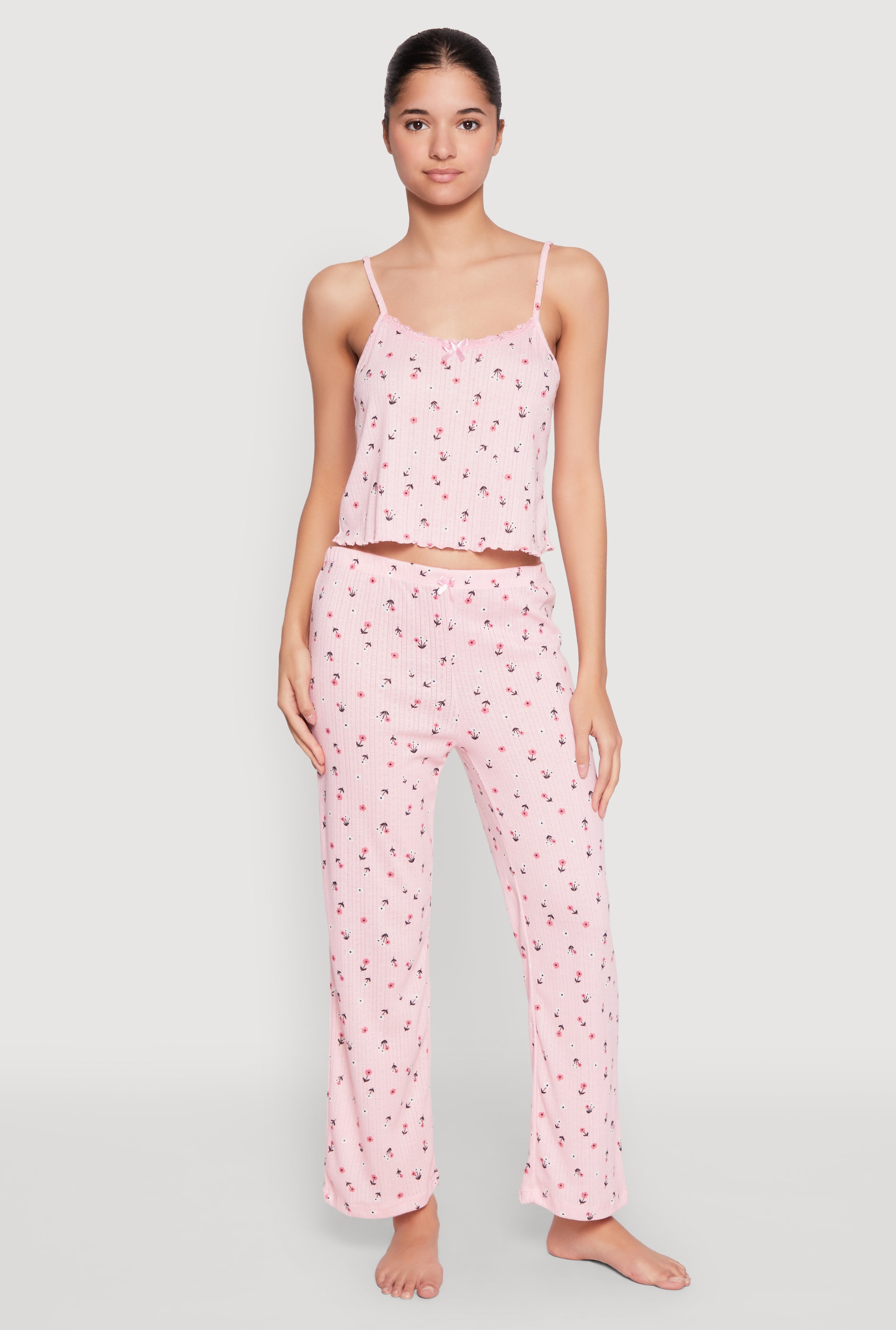 Printed Pattern Pointelle Pajama Cami and Pants