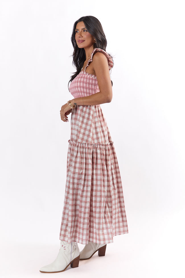 Checked Treasures Pink and Brown Plaid Tiered Midi Dress SALE