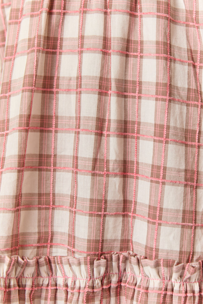 Checked Treasures Pink and Brown Plaid Tiered Midi Dress SALE