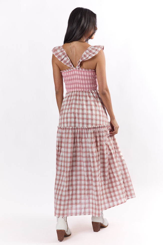 Checked Treasures Pink and Brown Plaid Tiered Midi Dress SALE