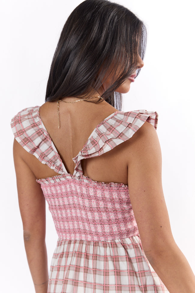 Checked Treasures Pink and Brown Plaid Tiered Midi Dress SALE