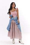 Checked Treasures Pink and Brown Plaid Tiered Midi Dress SALE