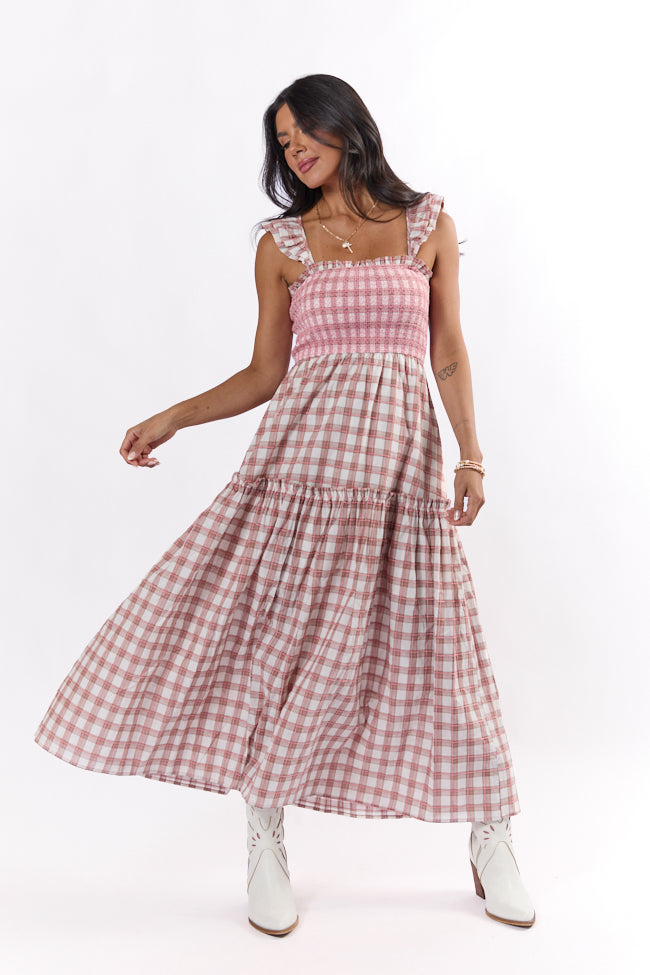 Checked Treasures Pink and Brown Plaid Tiered Midi Dress SALE