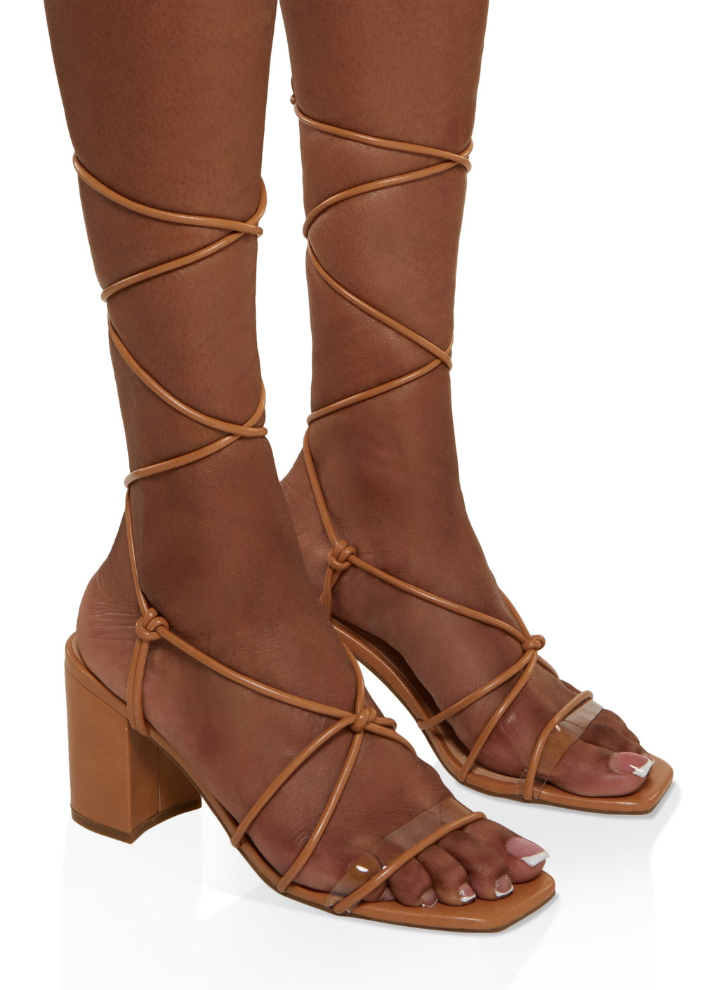 Clear Band Strappy Lace Up Block Heel Sandals