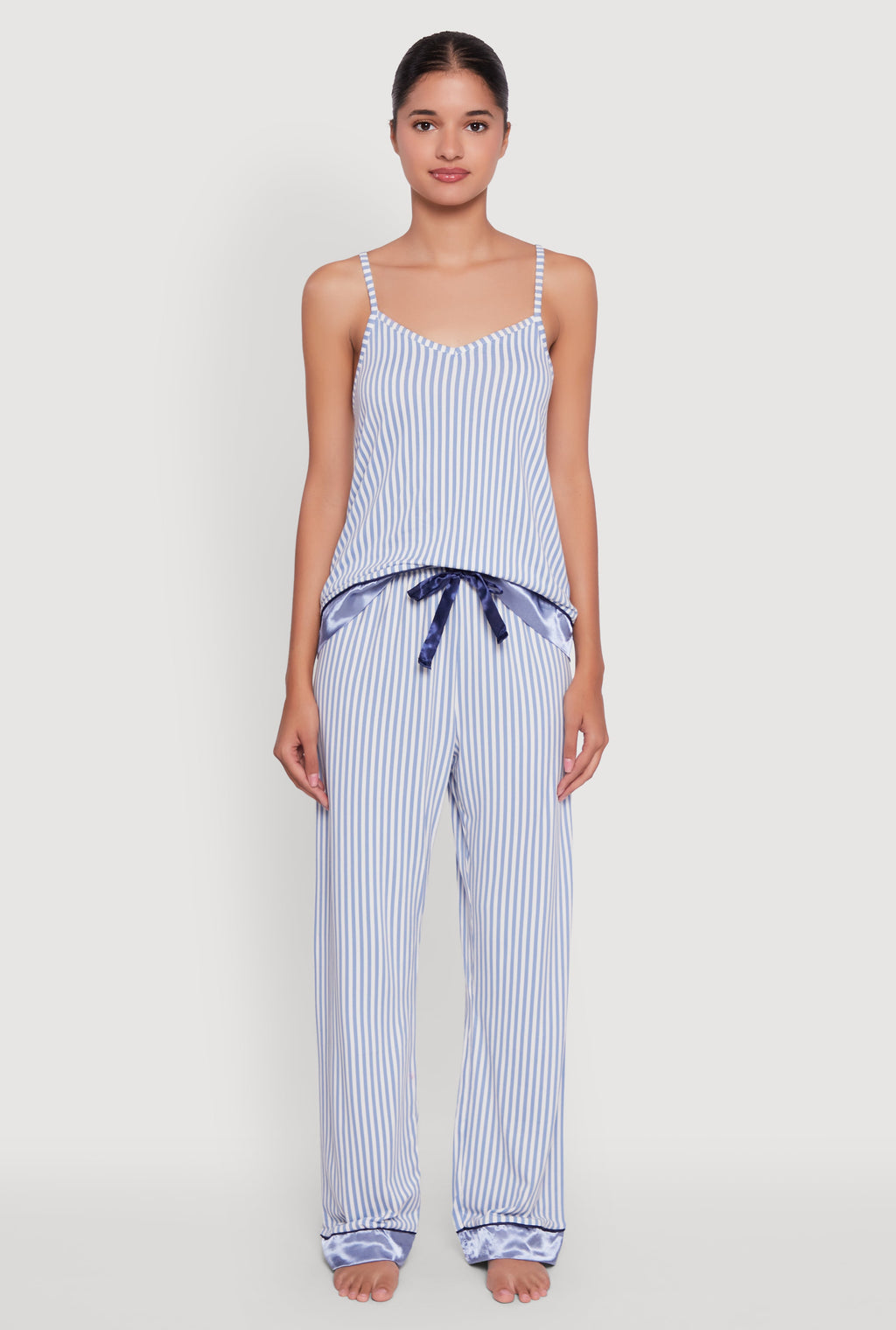 Striped Contrast Satin Trim Pajama Cami and Pants