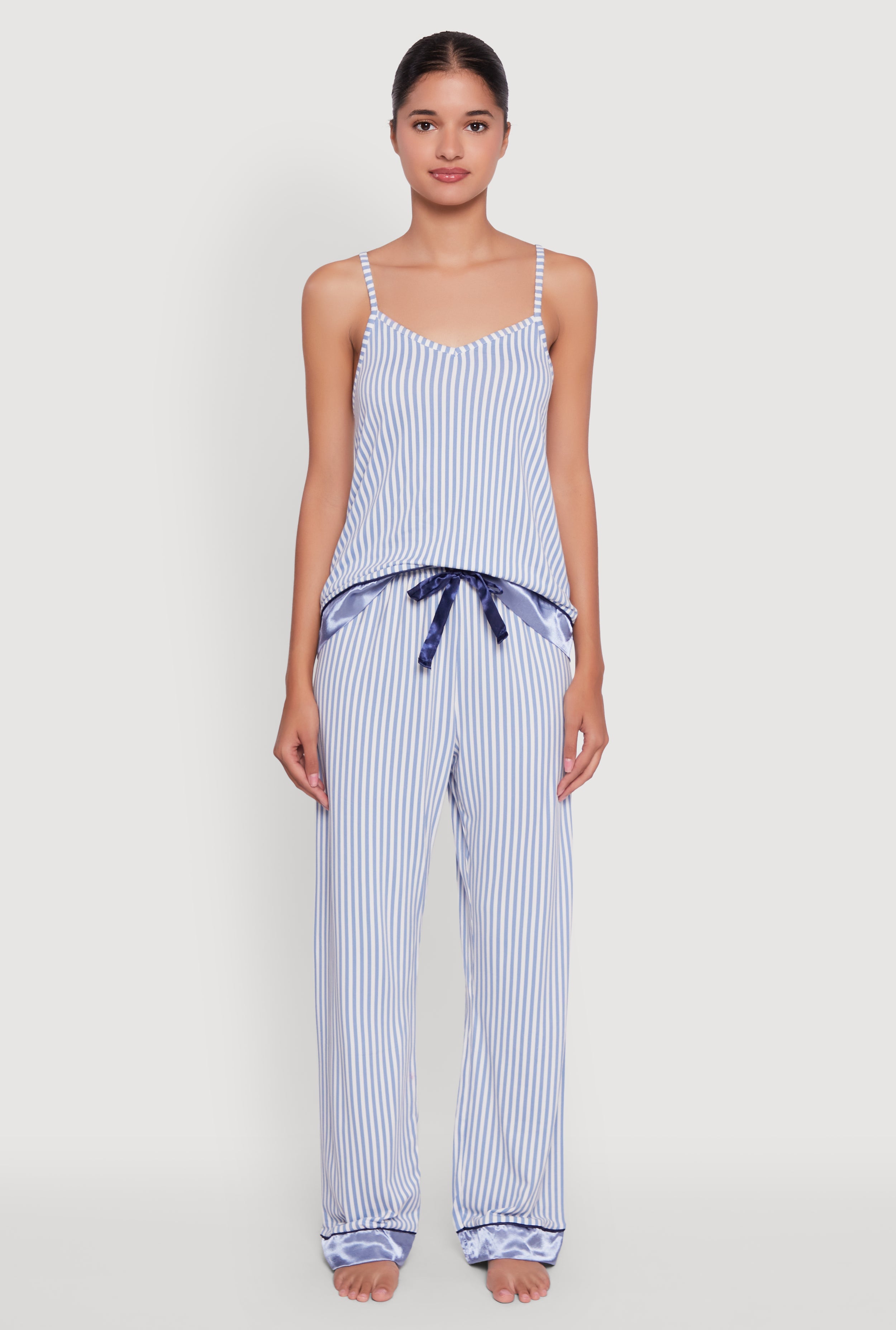 Striped Contrast Satin Trim Pajama Cami and Pants