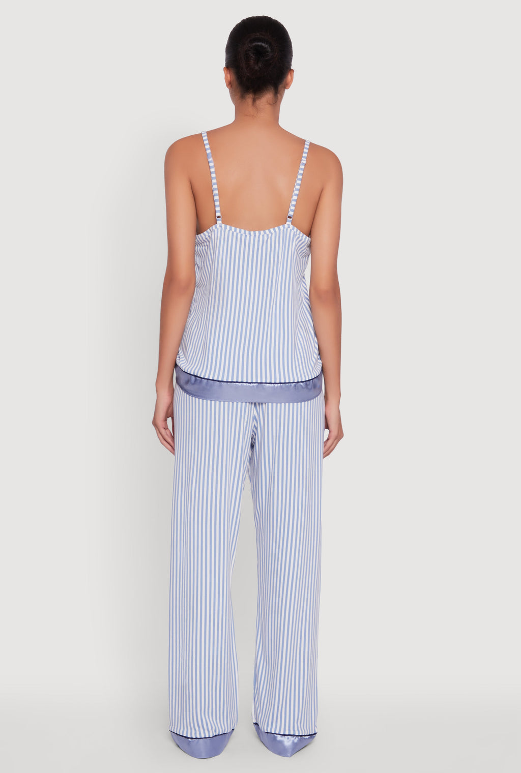 Striped Contrast Satin Trim Pajama Cami and Pants