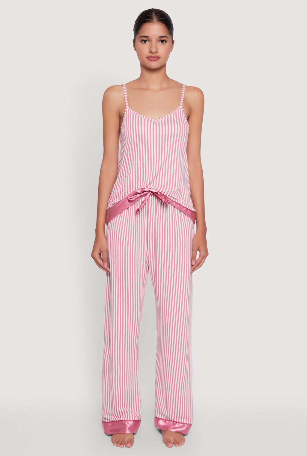 Striped Satin Trim Pajama Cami and Pants