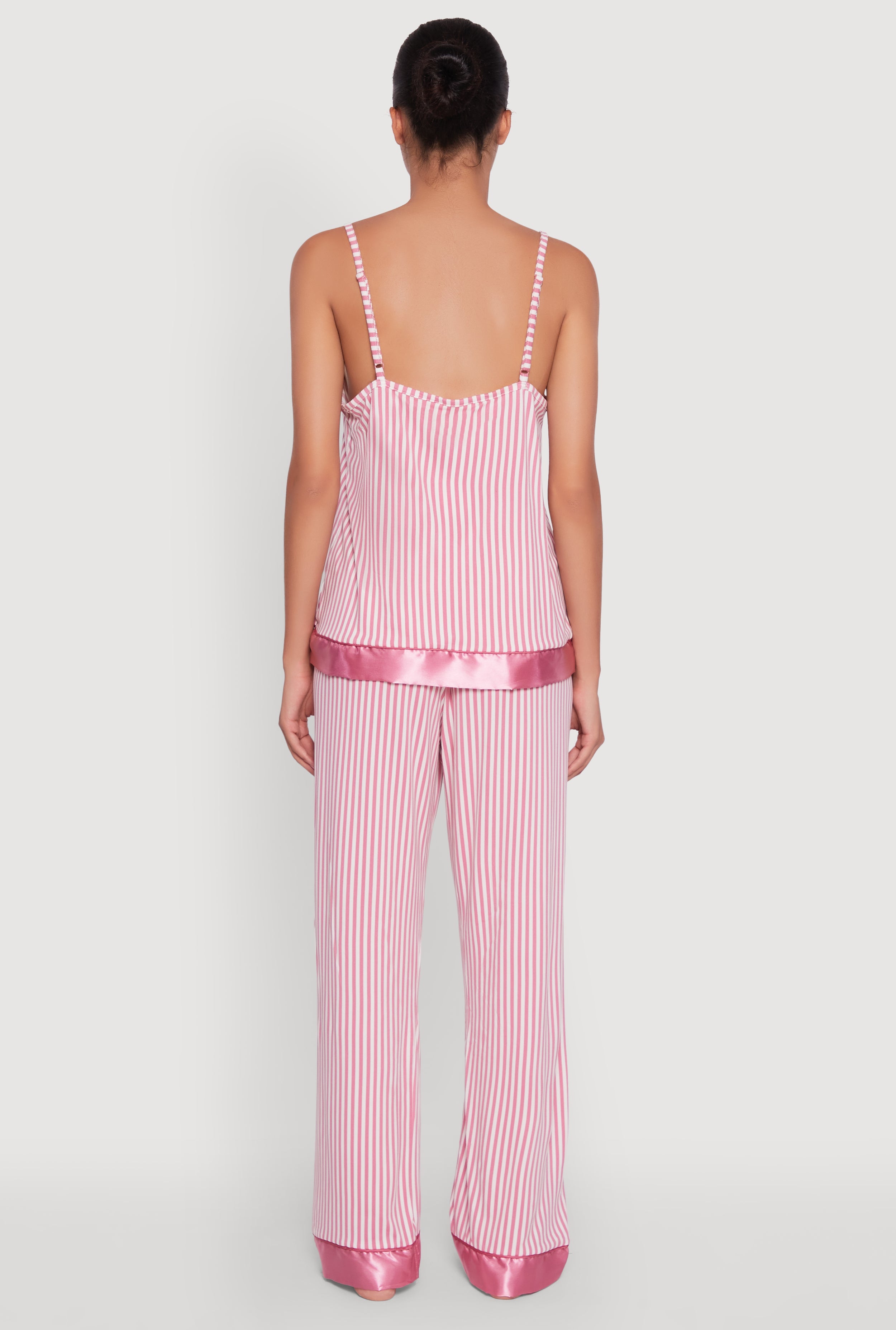 Striped Satin Trim Pajama Cami and Pants