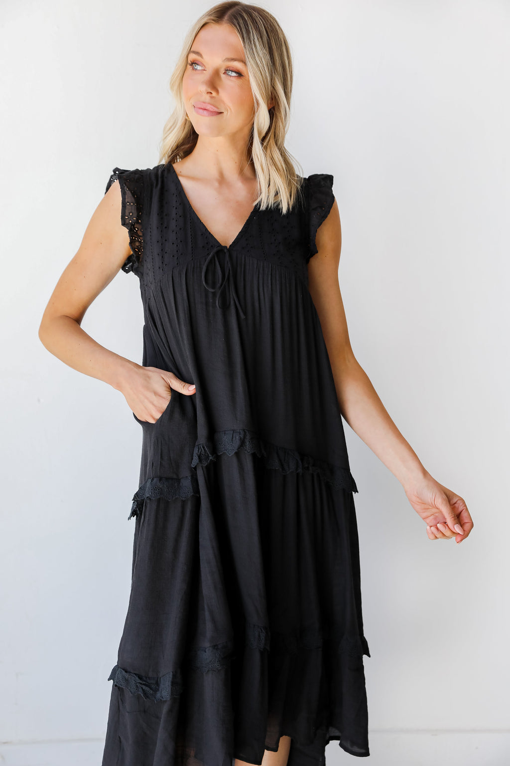 Blissful Getaway Eyelet Tiered Midi Dress