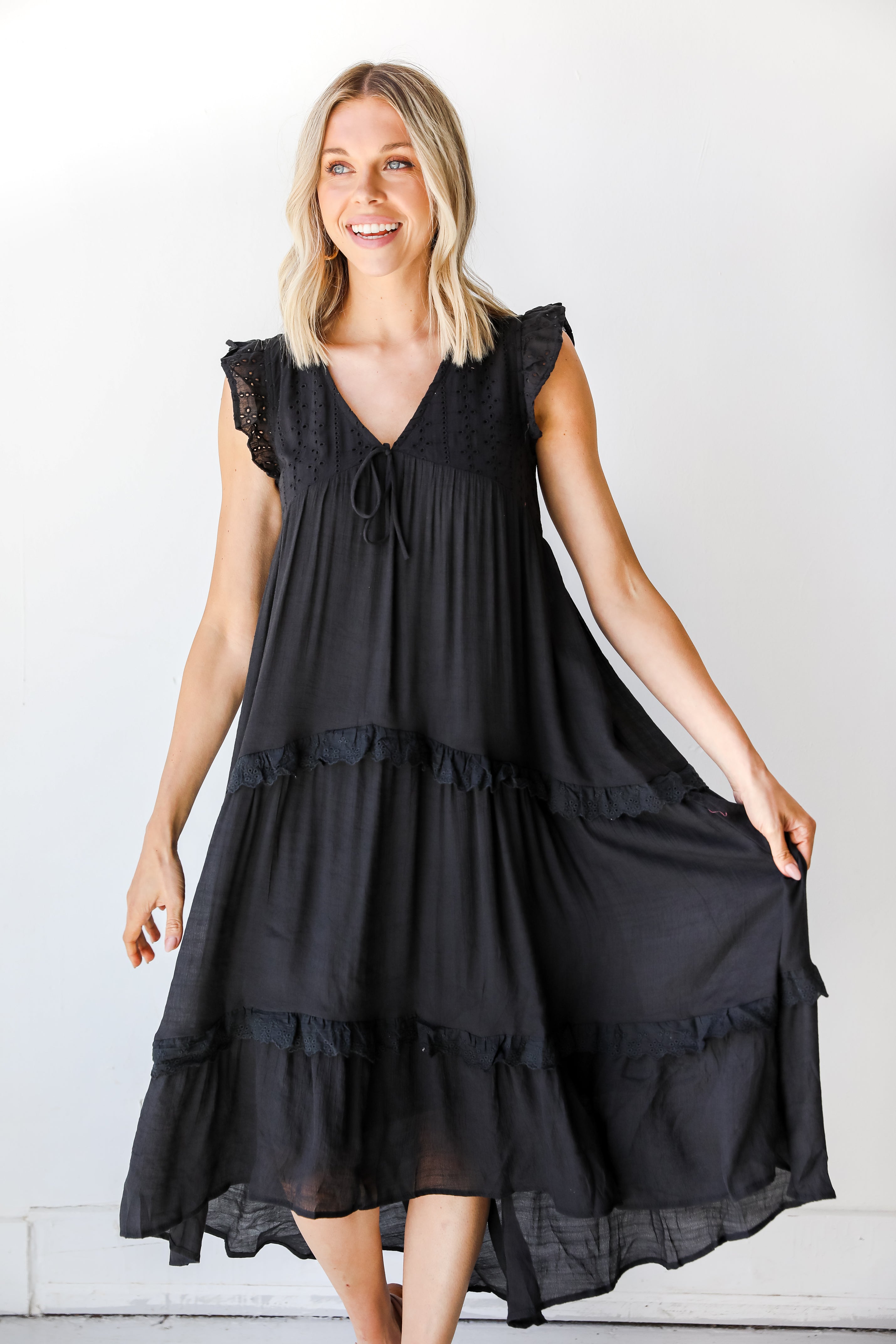 Blissful Getaway Eyelet Tiered Midi Dress