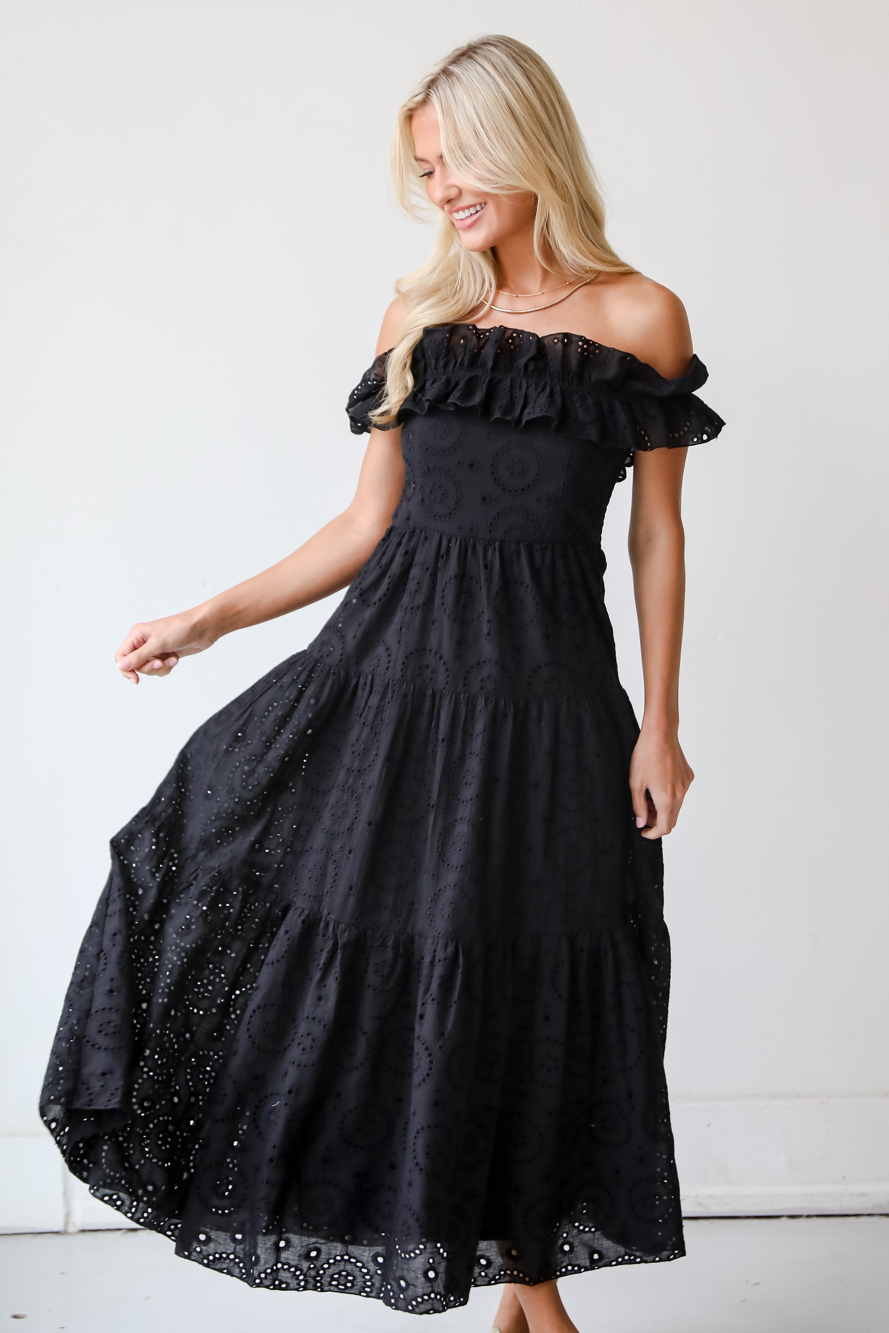 FINAL SALE - Lush Loveliness Black Eyelet Tiered Midi Dress