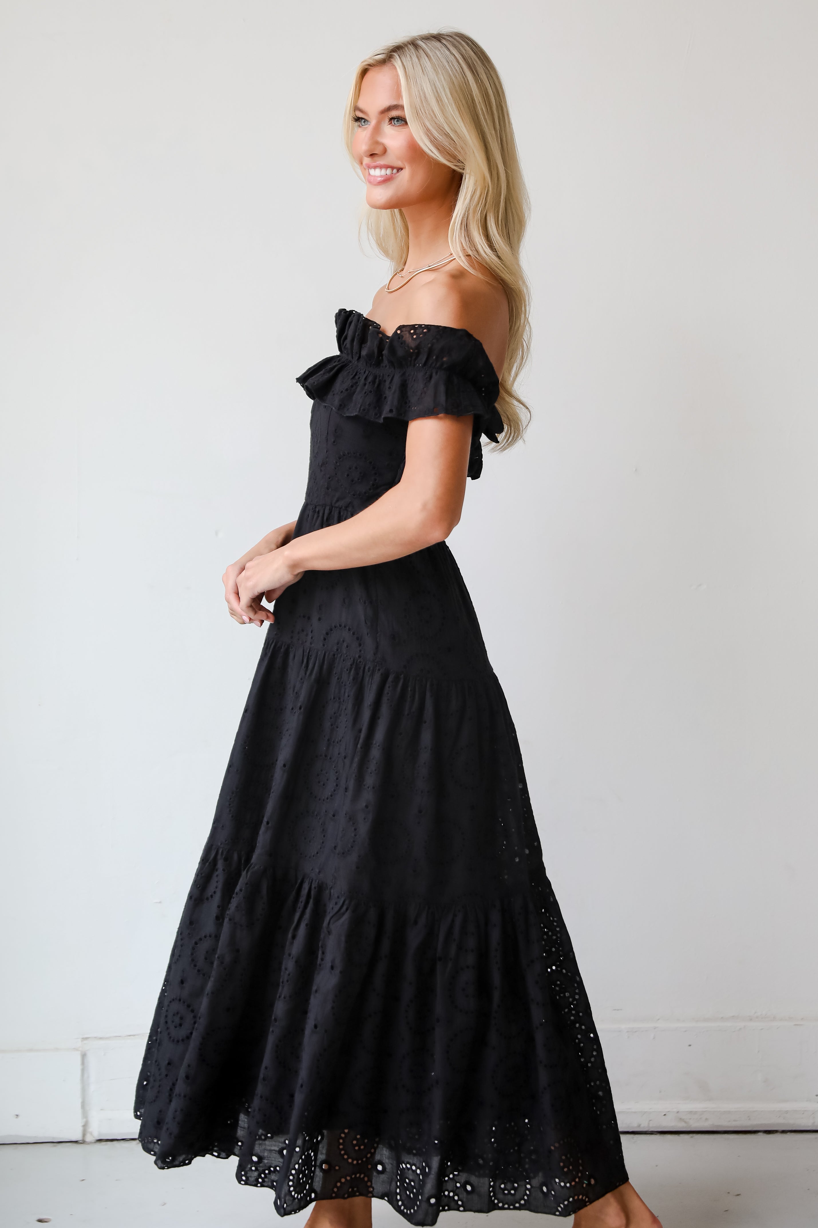 FINAL SALE - Lush Loveliness Black Eyelet Tiered Midi Dress