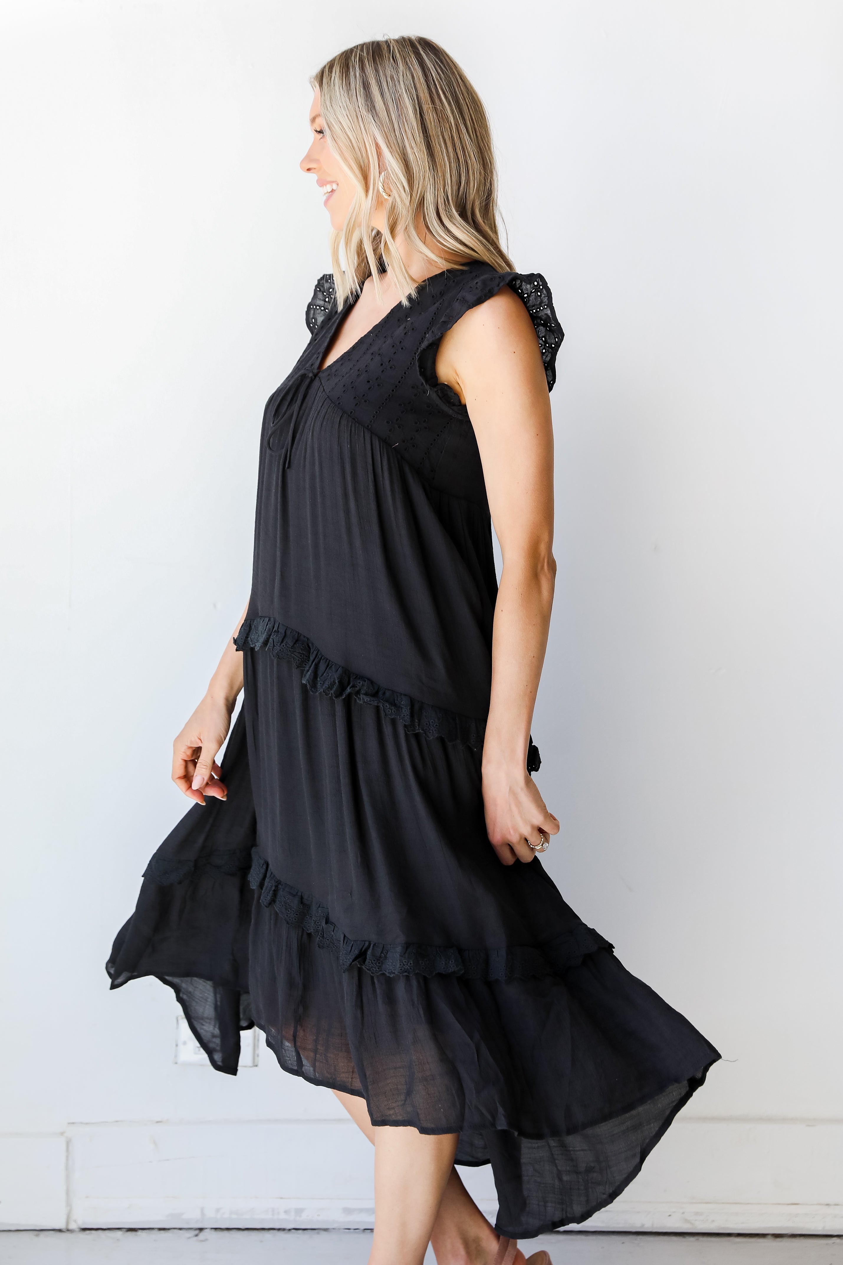 Blissful Getaway Eyelet Tiered Midi Dress