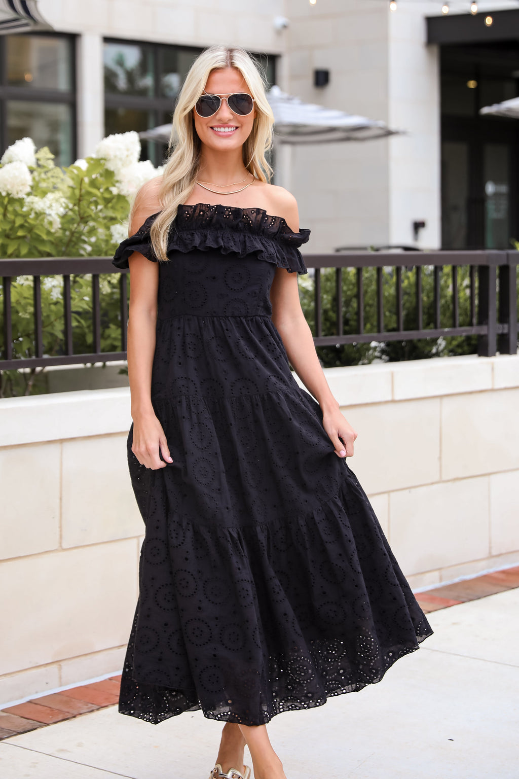 FINAL SALE - Lush Loveliness Black Eyelet Tiered Midi Dress