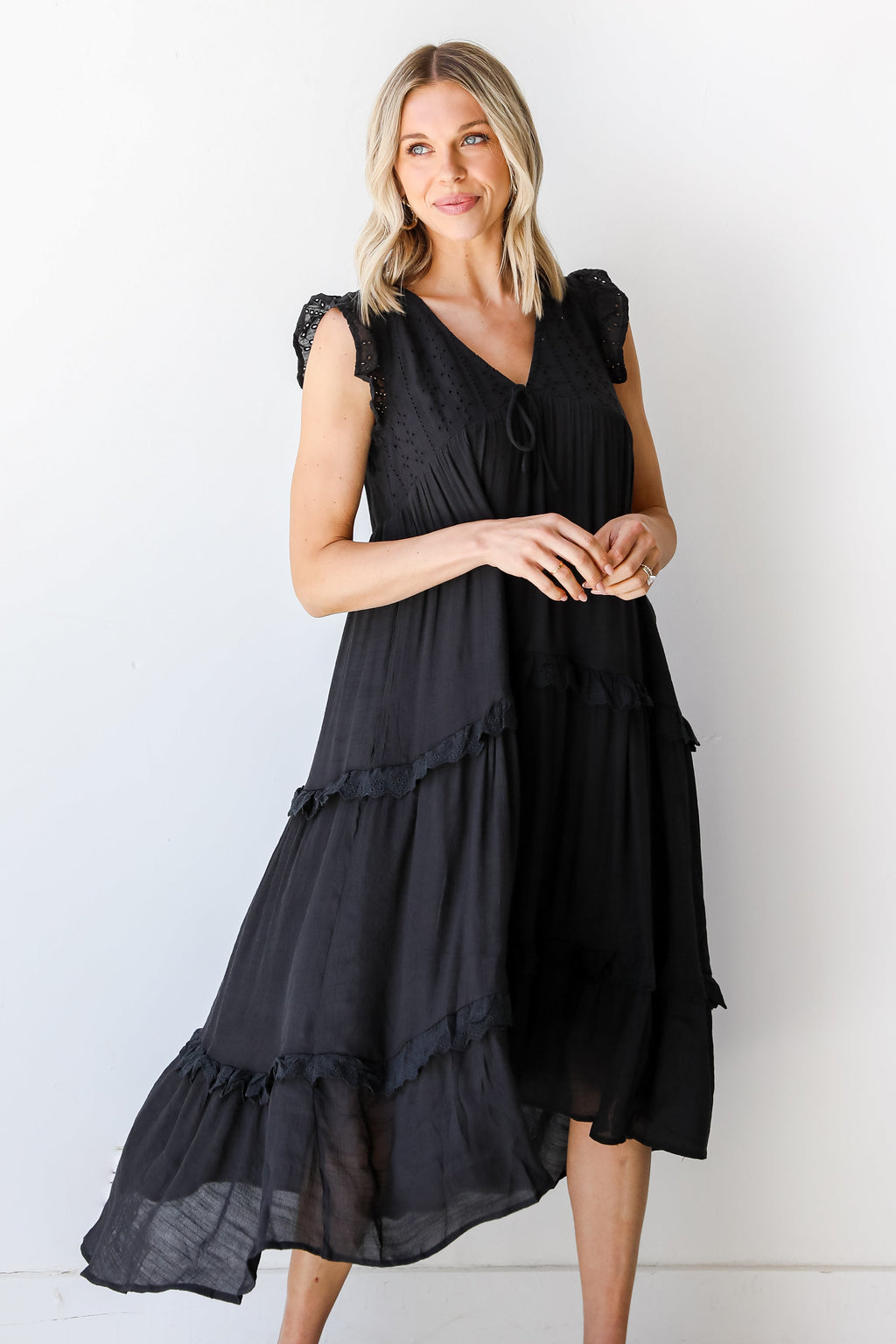 Blissful Getaway Eyelet Tiered Midi Dress