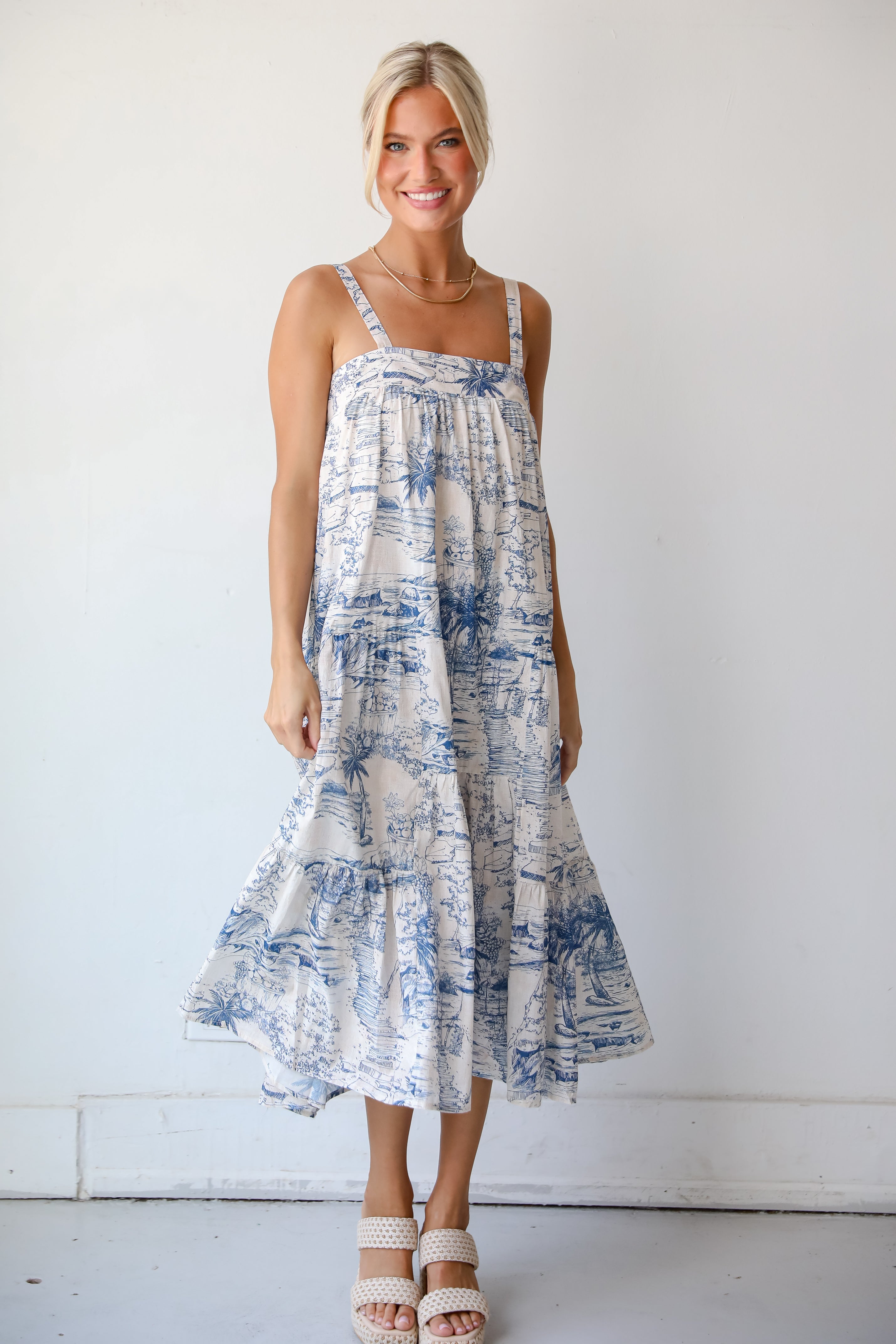 FINAL SALE - Tropical Lifestyle Blue Tiered Midi Dress