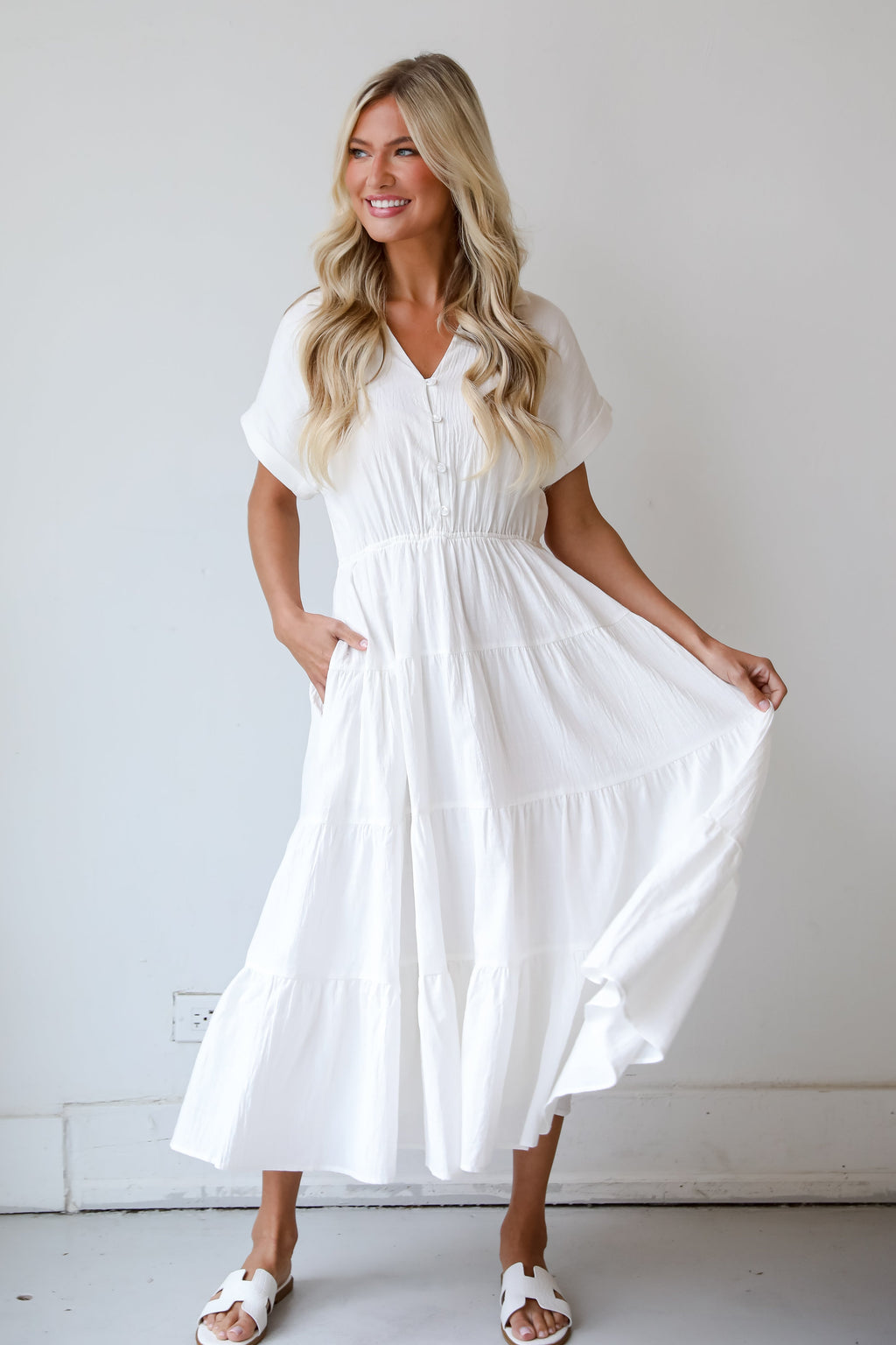 FINAL SALE - Summer Standard Off White Tiered Midi Dress